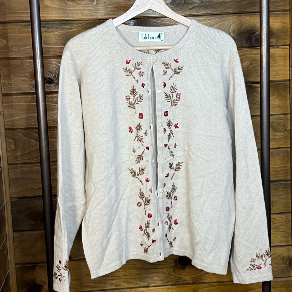 Tulchan Embroidered Wool Angora Cardigan Cream Floral Button Up | XL